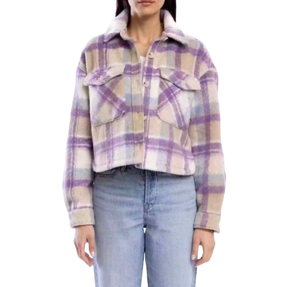 Blank NYC Shacket Medium Lavender Purple Plaid‎ Cropped Button Up Jacket Shirt